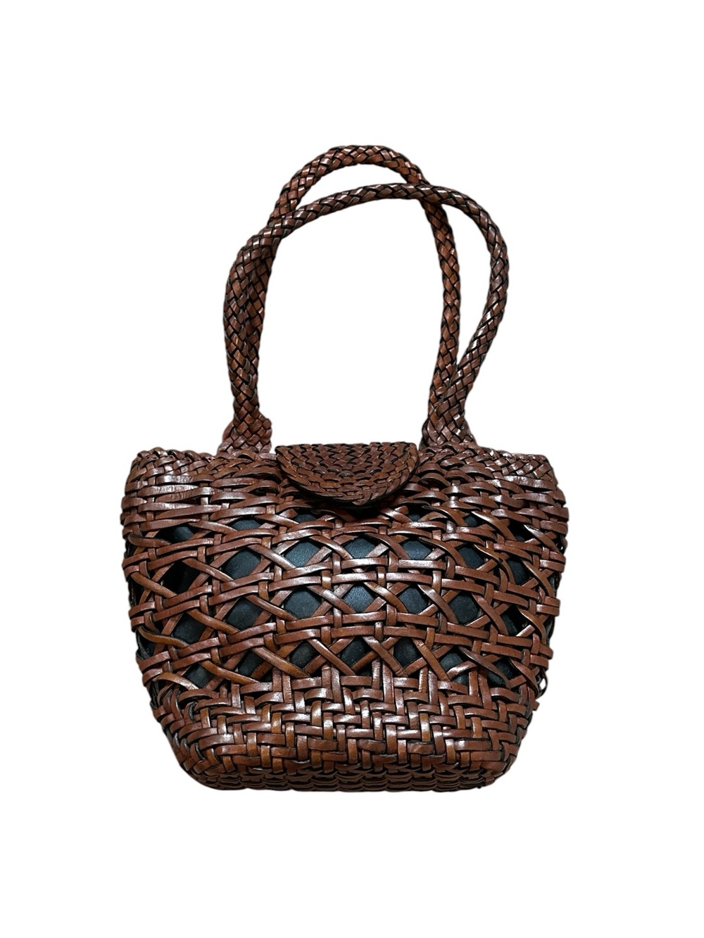 Vintage Brown Woven Leather Bucket Bag Handbag Boho Chic Coastal Grandma Subtle